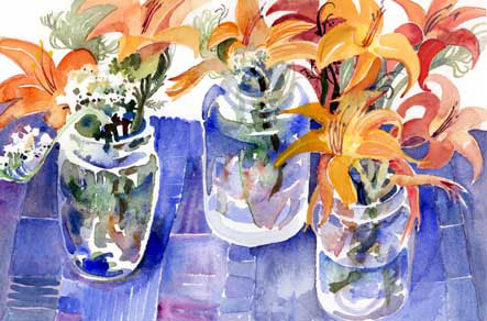 Lilies on Blue Cloth | watercolor | copyright Liz Macklin 2009